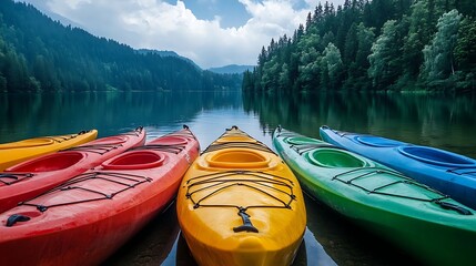 A row of colorful kayaks lined up along a serene lake shore 