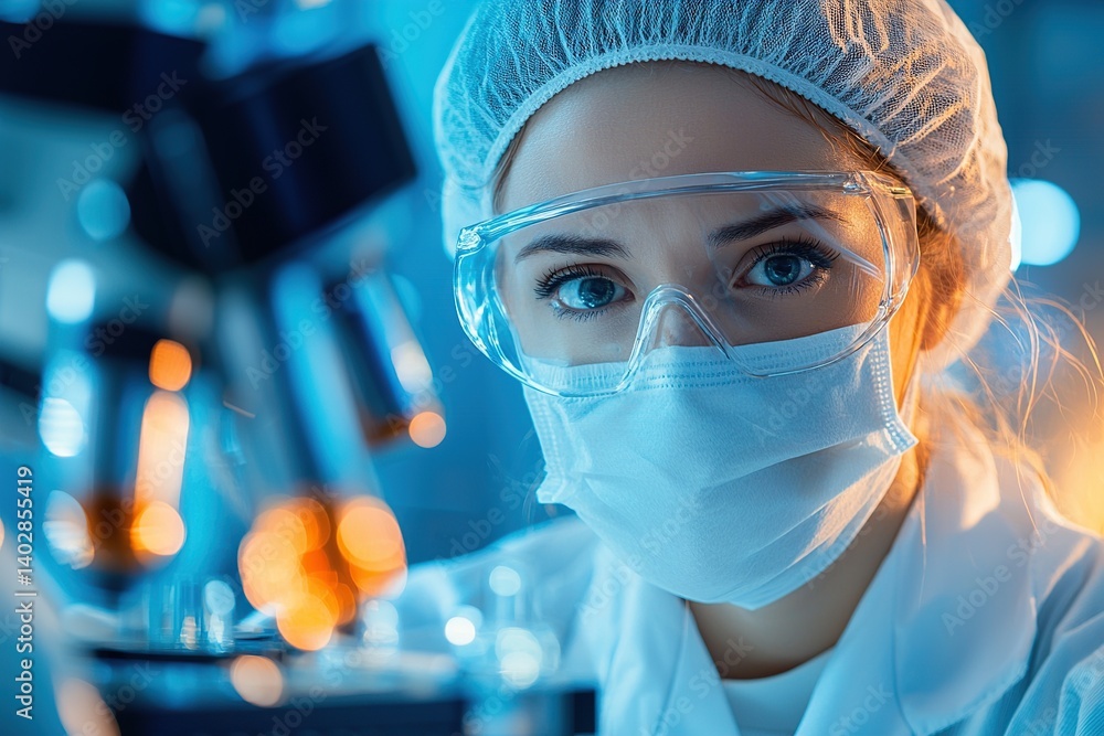 Poster close-up of a focused scientist in a lab, wearing goggles and a face mask, with a microscope and glo