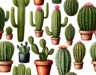 Fototapeta premium Watercolor Cactus Collection Seamless Pattern