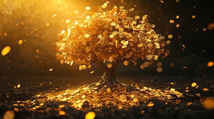 Naklejka premium Lush tree covered in golden coins thriving in a dreamlike financial world