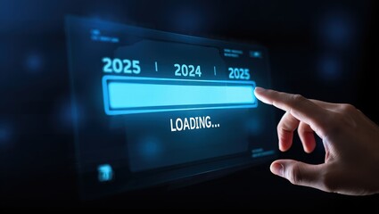Progress and transition from 2024 to 2025 concept. A person pointing to loading bar transitioning from 2024 to 2025, progress, future planning, and new year goals. annual planning and business growth.