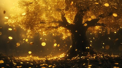 Lush tree covered in golden coins thriving in a dreamlike financial world
