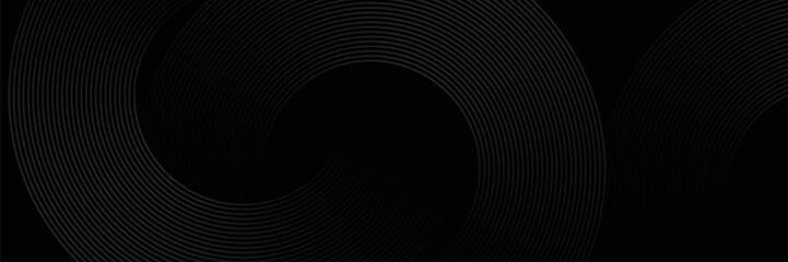 Black abstract background with circle lines. Modern black gray gradient rings. Suitable for banner, cover, poster, website, presentation, brochure, flyer, header