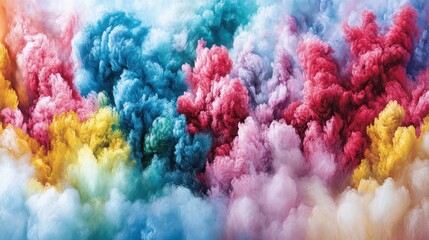 Fototapeta premium A vibrant explosion of colorful clouds, blending shades of blue, pink, yellow, and white, creating a dreamlike and artistic atmosphere.