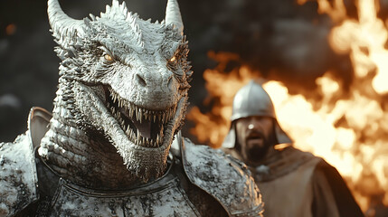 A fearsome dragon in battle armor, confronting a warrior amidst flames.