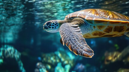 Fototapeta premium A sea turtle gracefully glides through the deep blue ocean.