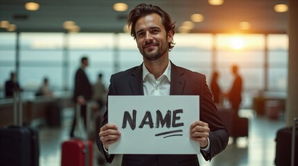 Smiling man holding a sign at the airport during sunset  