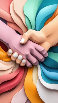Colorful stylized hands clasped together in unity symbolize teamwork collaboration and community support amidst swirling abstract shapes.