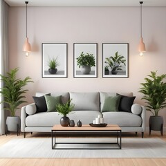 Modern Living Room Interior Design with Gray Sofa and Greenery