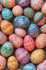 Fototapeta premium A neatly arranged collection of colorful Easter eggs with detailed patterns and vibrant hues