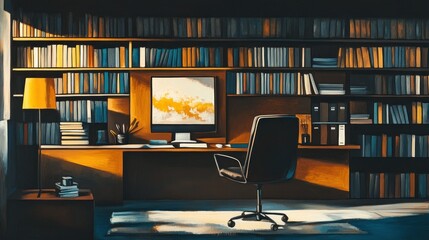 A modern office space with a desk and bookshelves