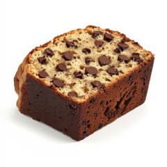 A thick slice of chocolate chip banana bread with soft, moist crumb and visible chocolate chips, isolated white background