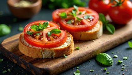 Fresh tomato bruschetta on a rustic wooden board, healthy, delicious , garlic