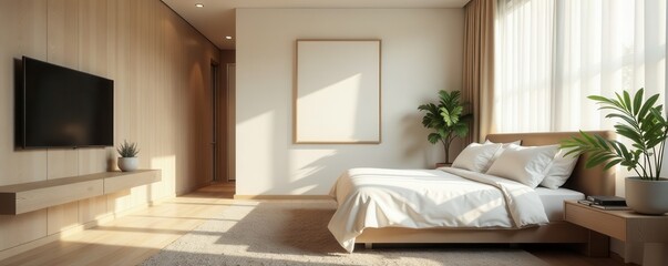 Fototapeta premium Minimalist hotel bedroom Neutral palette, geometric patterns, natural light , platform bed, peaceful, neutral