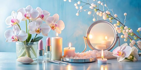 Serene Spa Setting with Blooming Orchids, Scented Candles, and Cosmetic Products on a Tranquil Vanity