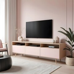 Modern Pink Media Console with Flat Screen TV in Minimalist Living Room