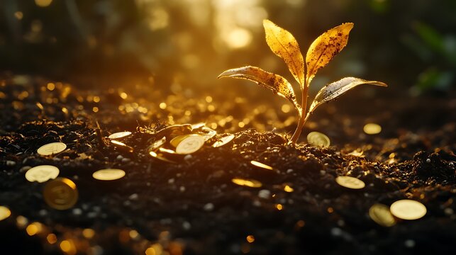 Emerging plant bathed in sunlight growing from dark soil covered with golden coins symbolizing abundance