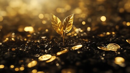 Delicate sapling emerging from dark fertile ground among shiny gold coins symbolizing prosperity
