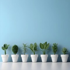 Fototapeta premium Row of potted plants against a blue wall