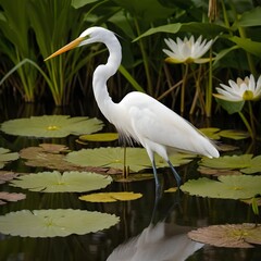 Obraz premium Great Egret in Lily Pad Pond