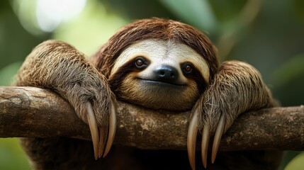 Naklejka premium A charming sloth resting peacefully on a tree branch.