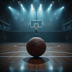 Basketball On Wooden Court with Spotlight Focused on Hoop