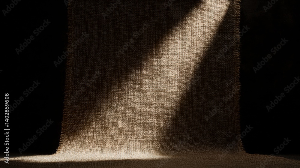 Poster a beige burlap sack with a textured surface and a diagonal light beam across it.