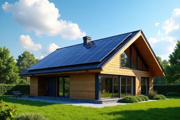 Fototapeta premium Solar array elegantly adorns contemporary gable roofline , home design, electricity generation