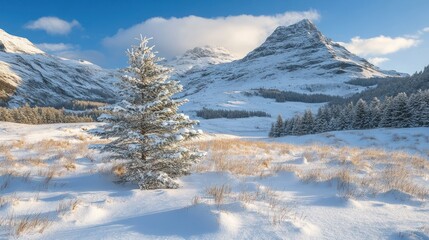 Obraz premium Winter landscape scene featuring snow covered mountains and a tree