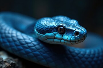 Obraz premium Blue viper snake's sharp head and pointed snout, textured scales, and piercing stare, snake species identification, venomous snake