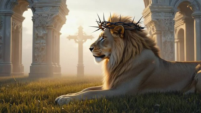 A regal lion sits peacefully with a thorn crown, surrounded by ruins and a cross at sunrise. Concept of biblical allegory and the Lion of Judah.