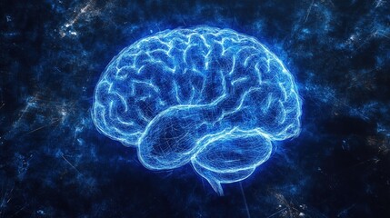Glowing blue brain illustration representing neural connections and cognitive processes
