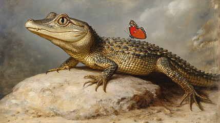 Fototapeta premium A curious alligator with a butterfly perched on its back.