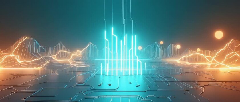 An abstract digital scene mixes glowing orange and cyan lines in a synthetic world. Concept of virtual network, data transmission, and modern visualization.
