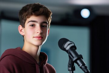 Teen performing at a local talent show in a well-lit auditorium space