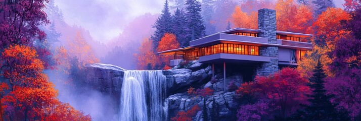 House built over waterfall in autumn forest with colorful trees and misty air.
