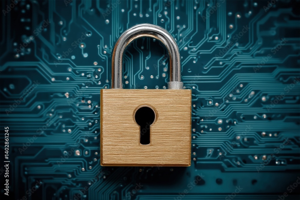 Poster security action digital locking mechanism on circuit board technology graphic close-up view cybersec