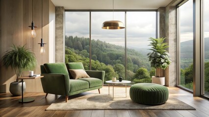 Fototapeta premium Serene Living Room Design with Panoramic Forest Views and Stylish Green Accents
