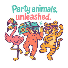 Playful Funky Tropical Animals Dance Party Vector Illustration - Flamingo, Sloth, Tiger
