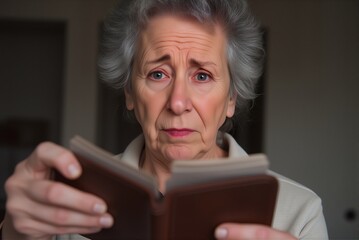 A realistic image of an elderly woman with grey hair, looking thoughtfully at an open, but mostly empty, wallet in her hands. Her brow is furrowed, and her expression conveys anxiety and uncertainty. 