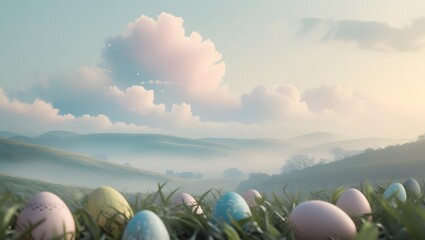 3D Easter eggs with intricate swirl designs, soft pastel gradients, and modern sculptural style for a playful spring holiday arrangement for Easter Celebration