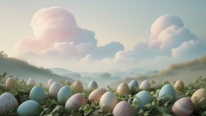 3D Easter eggs with intricate swirl designs, soft pastel gradients, and modern sculptural style for a playful spring holiday arrangement for Easter Celebration