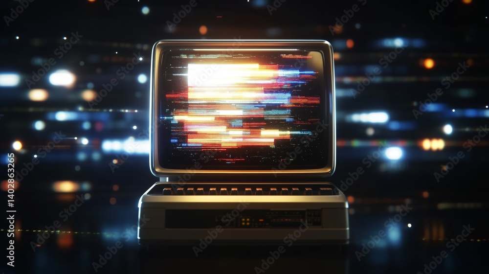 Poster retro computer display with neon lights