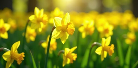 Obraz premium Yellow daffodil blossoms carpet a verdant field bathed in sunlight , outdoor, green