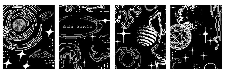 Set of poster with a pixelated graphic shape. Vector stipple space element in retro futuristic style. Design templates for card, social media, banner, cover. 
