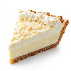 A thick slice of coconut cream pie with a smooth coconut filling, creamy topping, and a buttery crust