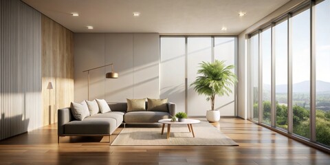 Fototapeta premium Serene Modern Living Room with Sunlight Streaming Through Expansive Windows and a Cozy Sectional Sofa