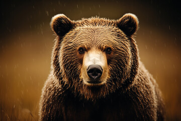 Obraz premium majestic brown bear standing in the rain with intense gaze in a moody wilderness setting