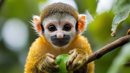 Obraz premium A close-up of a curious, golden-yellow squirrel monkey holding a leaf.
