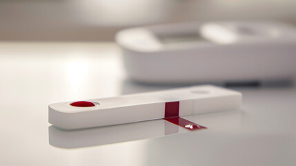 Close-up of blood glucose test strip with fresh drop on white surface, diabetes monitoring and health check concept for medical care and prevention.